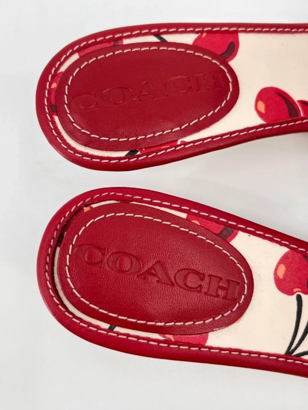 COACH Margot Sandal Red Cherry Print Leather Buckle Strap Kitten Size 6 - Picture 10 of 16
